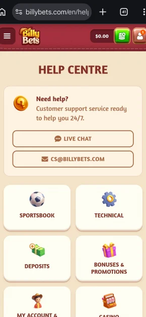 billybets casino support