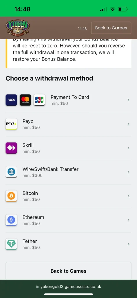 Yukon Gold Casino payment