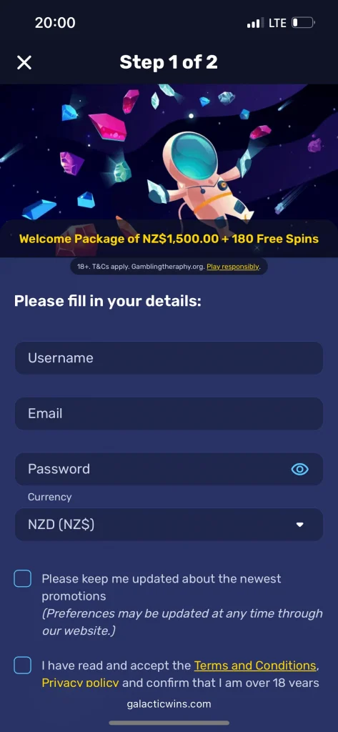 galactic wins casino registration